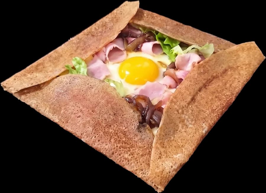 Œuf · Jambon supérieur · Oignons confits · Salade